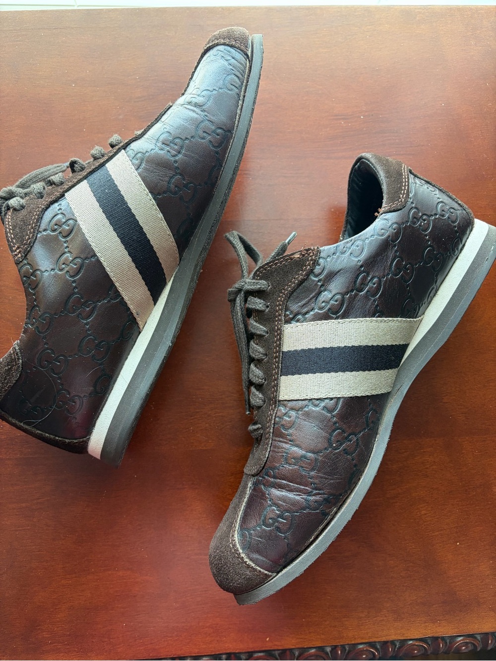 Gucci Brown Leather Women’s Sneakers with Cream and Black Stripe